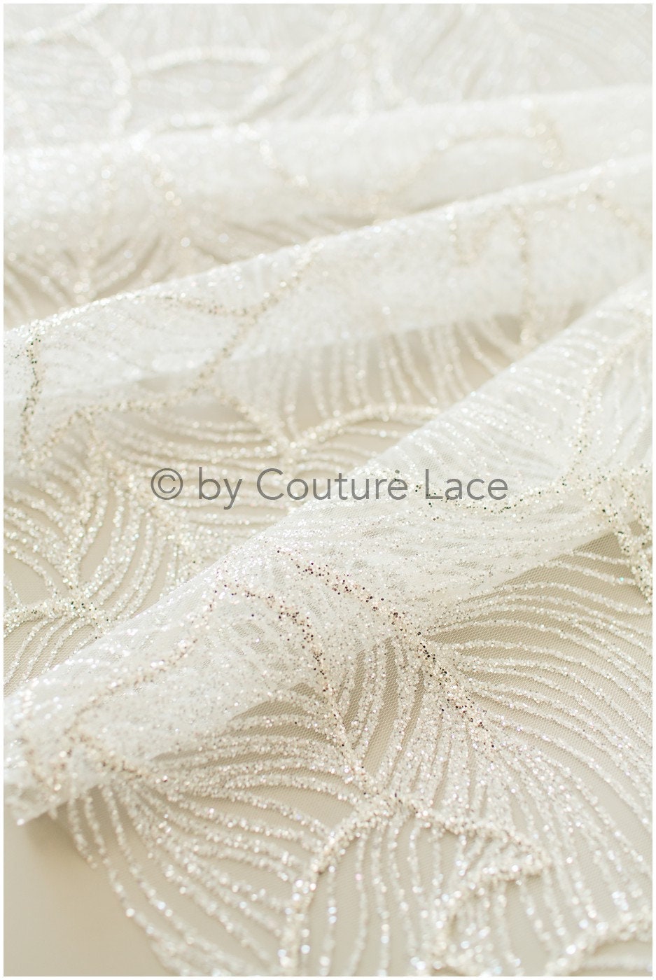 Wedding dress fabric with glitter/ Off-white diamond glitter tulle fabric with leaf design/ Shiny glitter tulle fabric// R-014