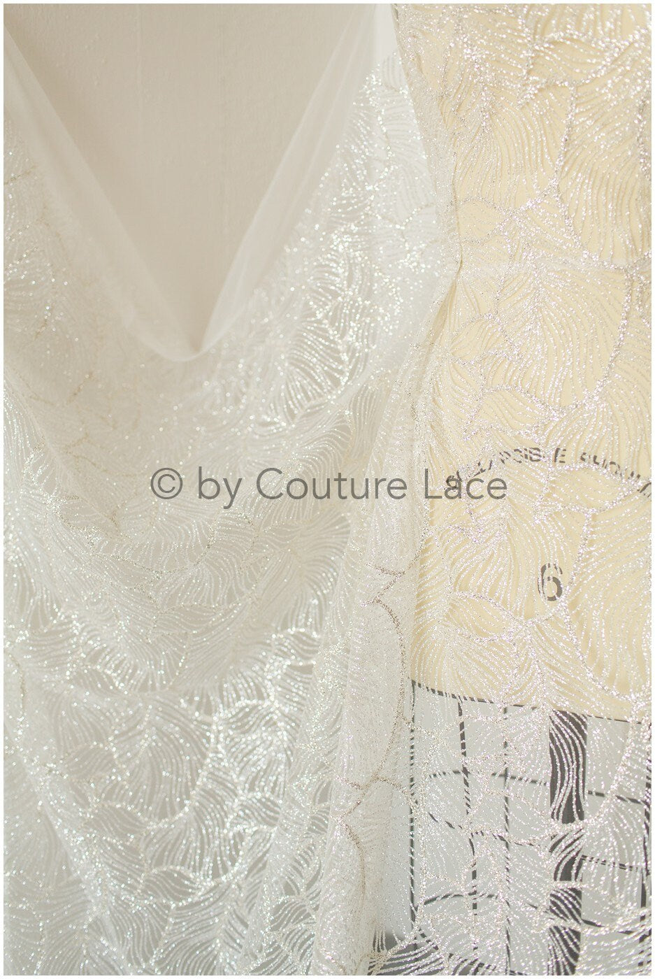 Wedding dress fabric with glitter/ Off-white diamond glitter tulle fabric with leaf design/ Shiny glitter tulle fabric// R-014