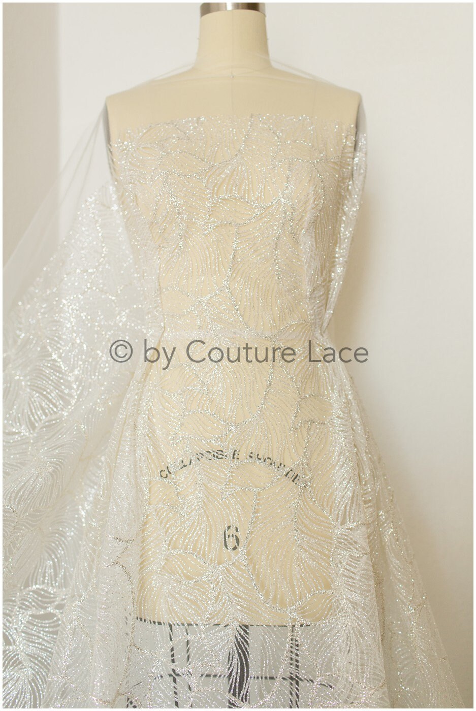 Wedding dress fabric with glitter/ Off-white diamond glitter tulle fabric with leaf design/ Shiny glitter tulle fabric// R-014