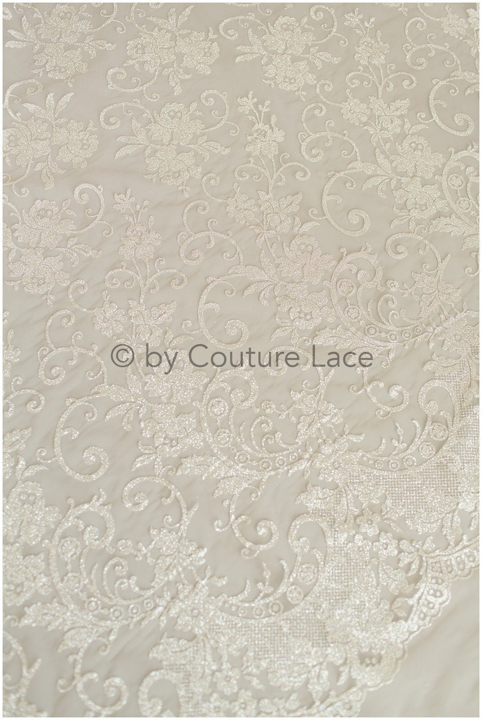 Floral lace glitter mesh fabric/ Off-white wedding dress fabric with glitter/ Shiny glitter tulle fabric/ R-015