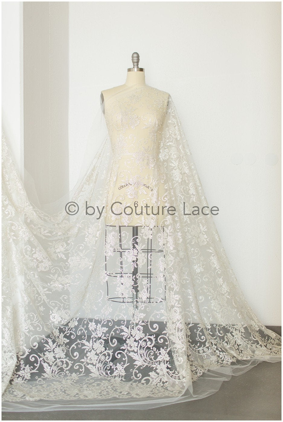 Floral lace glitter mesh fabric/ Off-white wedding dress fabric with glitter/ Shiny glitter tulle fabric/ R-015