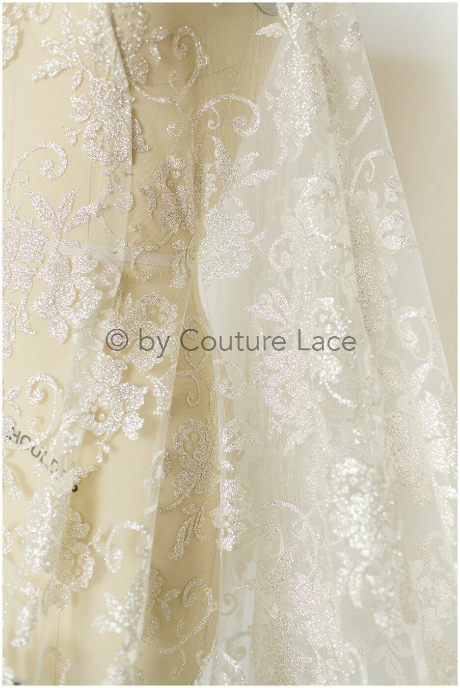 Floral lace glitter mesh fabric/ Off-white wedding dress fabric with glitter/ Shiny glitter tulle fabric/ R-015