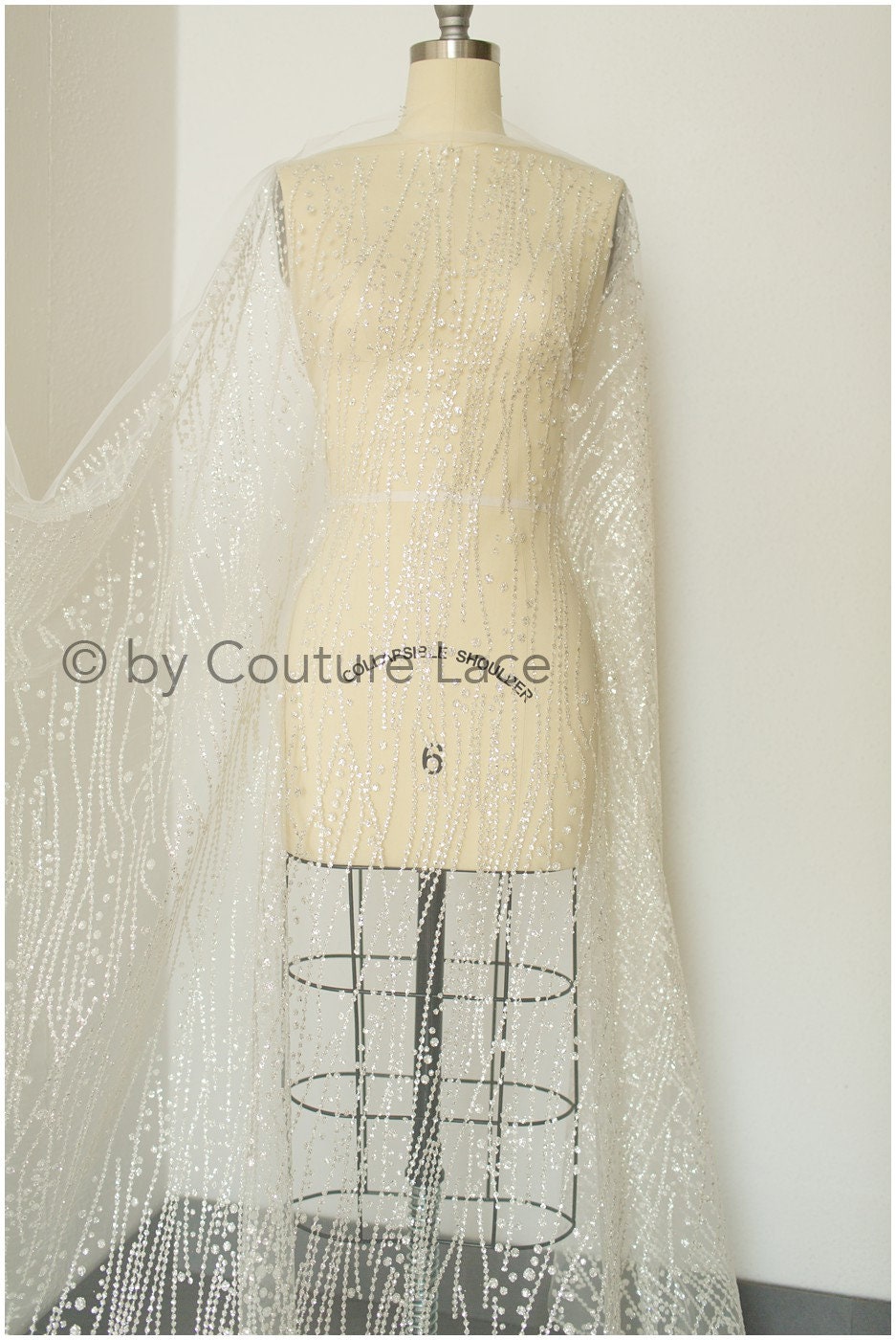 Glitter tulle/ Off-white diamond geometric glitter fabric/ Glitter tulle fabric/ Glitter lace// R-016