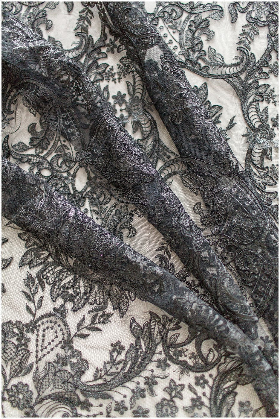 Floral black bridal lace / black bridal lace material / black evening lace / floral lace / black couture lace // L19-212