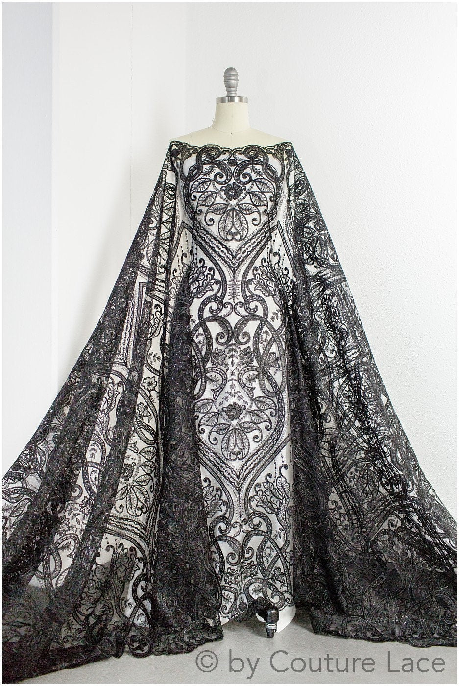 Blumenspitze / Abendkleid Spitzenmaterial / schwarze Spitze / florale schwarze Hochzeit Spitze / Couture Spitze / / L19-216