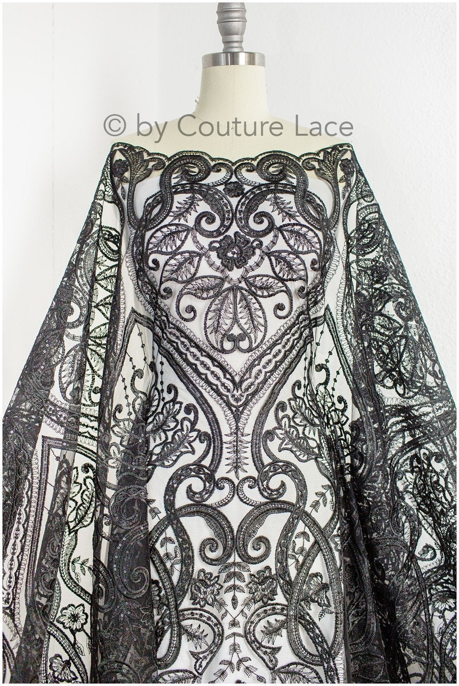 Blumenspitze / Abendkleid Spitzenmaterial / schwarze Spitze / florale schwarze Hochzeit Spitze / Couture Spitze / / L19-216