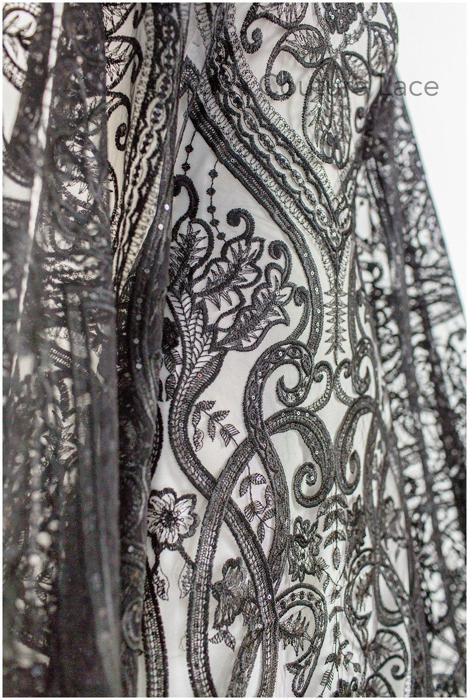 Blumenspitze / Abendkleid Spitzenmaterial / schwarze Spitze / florale schwarze Hochzeit Spitze / Couture Spitze / / L19-216