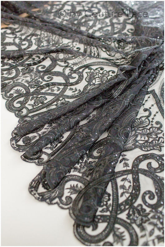 Blumenspitze / Abendkleid Spitzenmaterial / schwarze Spitze / florale schwarze Hochzeit Spitze / Couture Spitze / / L19-216