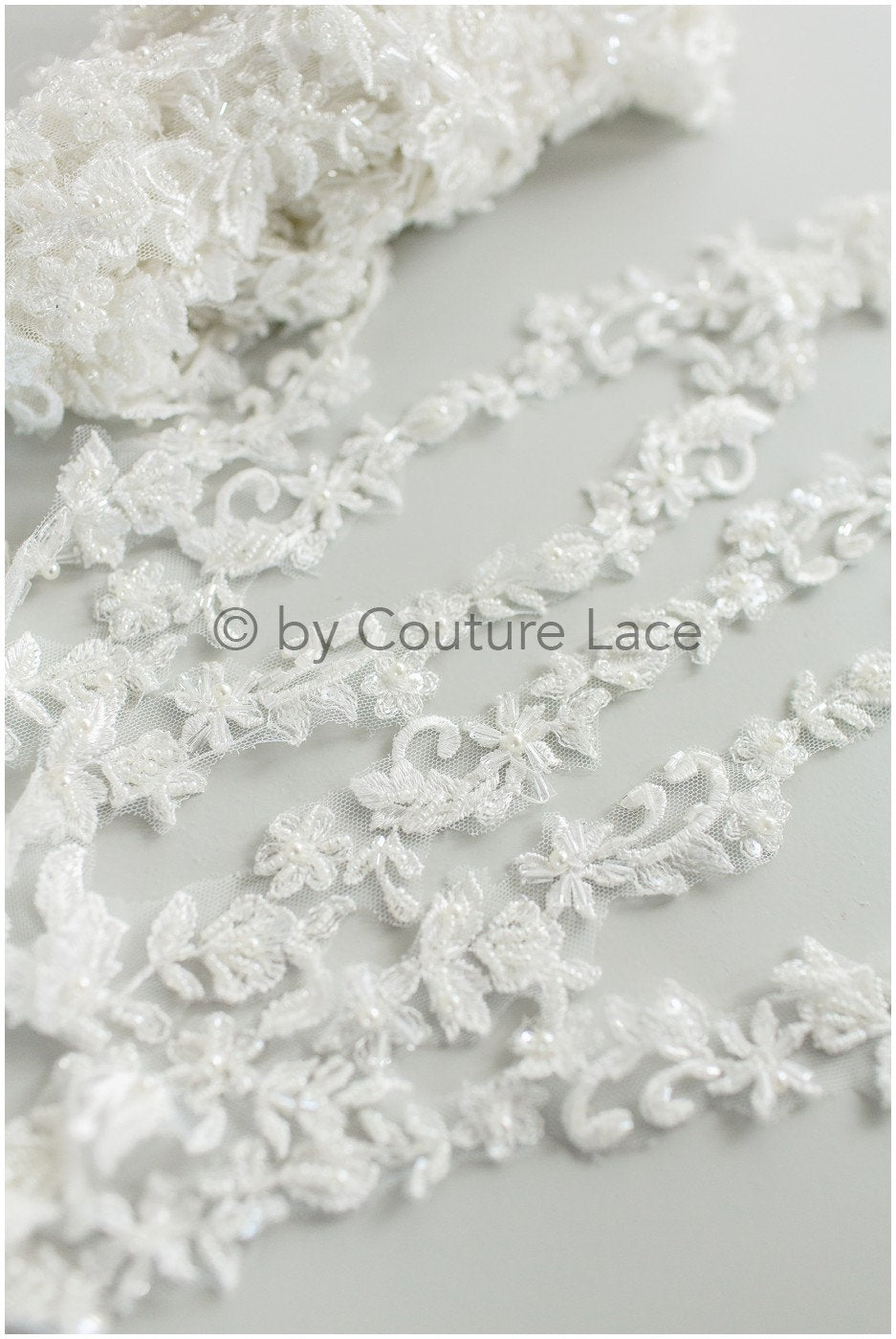 Hand embroidered lace trim for wedding dress/ embroidered lace for veil/ lace trim off-white// T19-068