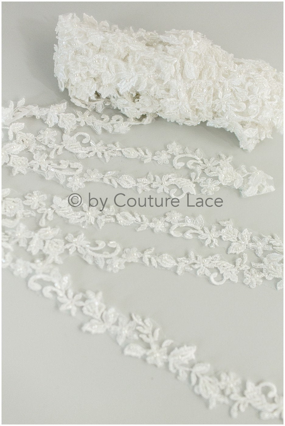 Hand embroidered lace trim for wedding dress/ embroidered lace for veil/ lace trim off-white// T19-068