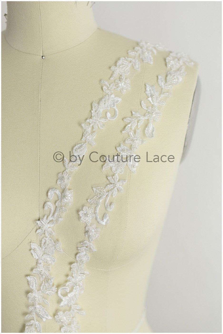 Hand embroidered lace trim for wedding dress/ embroidered lace for veil/ lace trim off-white// T19-068