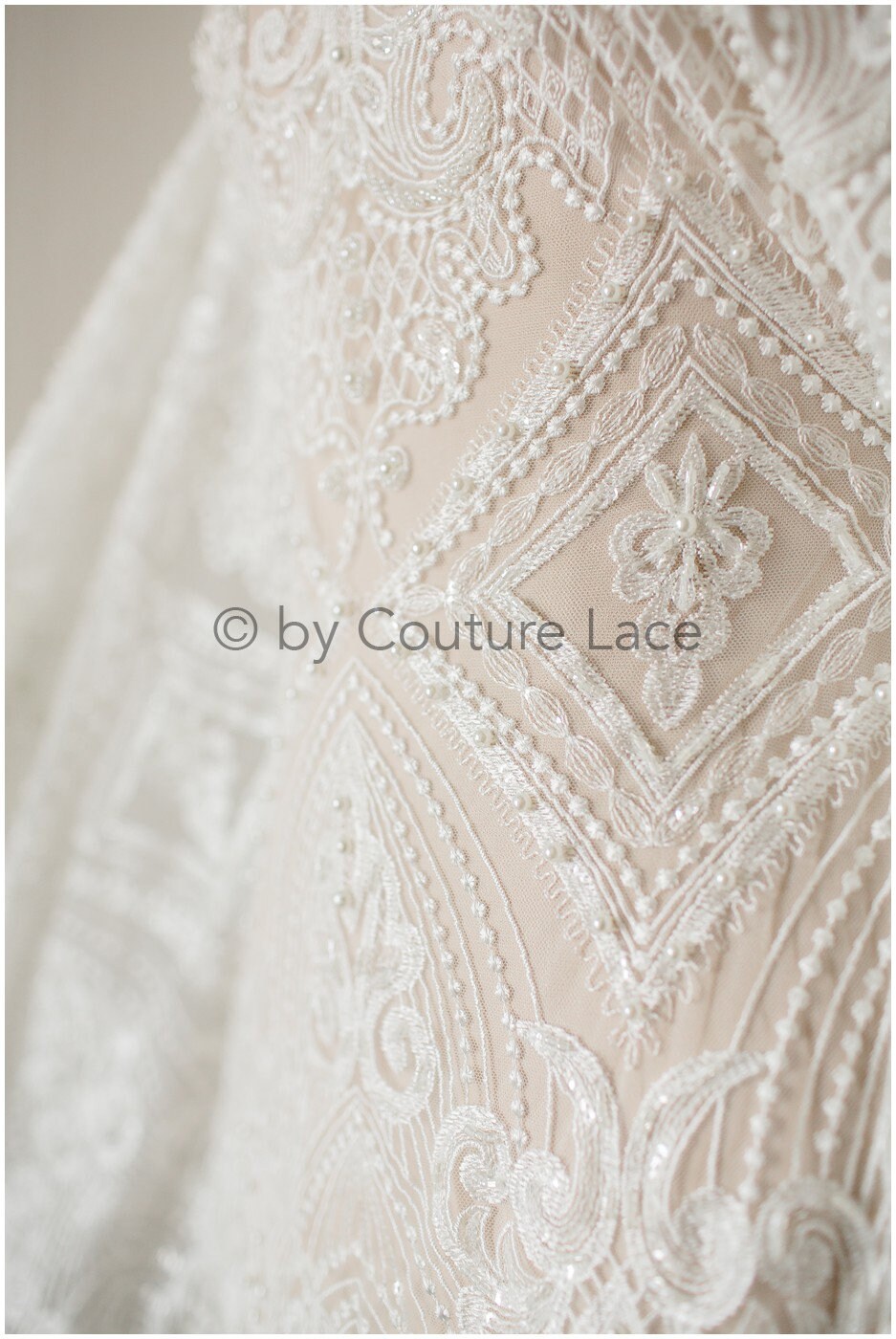 Geometric lace fabric off-white/ bridal lace with beads/ abstract wedding dress lace with beads & sequins// L19-249