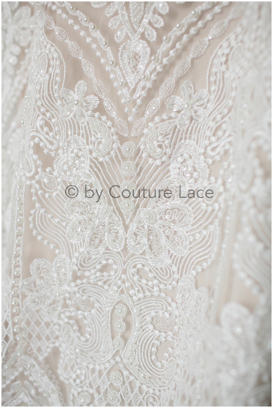 Geometric lace fabric off-white/ bridal lace with beads/ abstract wedding dress lace with beads & sequins// L19-249