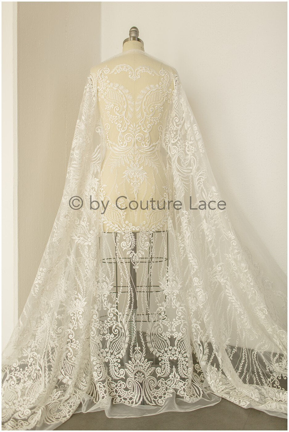 Boho bridal lace fabric off-white/ lace fabric/ embroidered bridal lace fabric/ wedding dress lace// L19-243