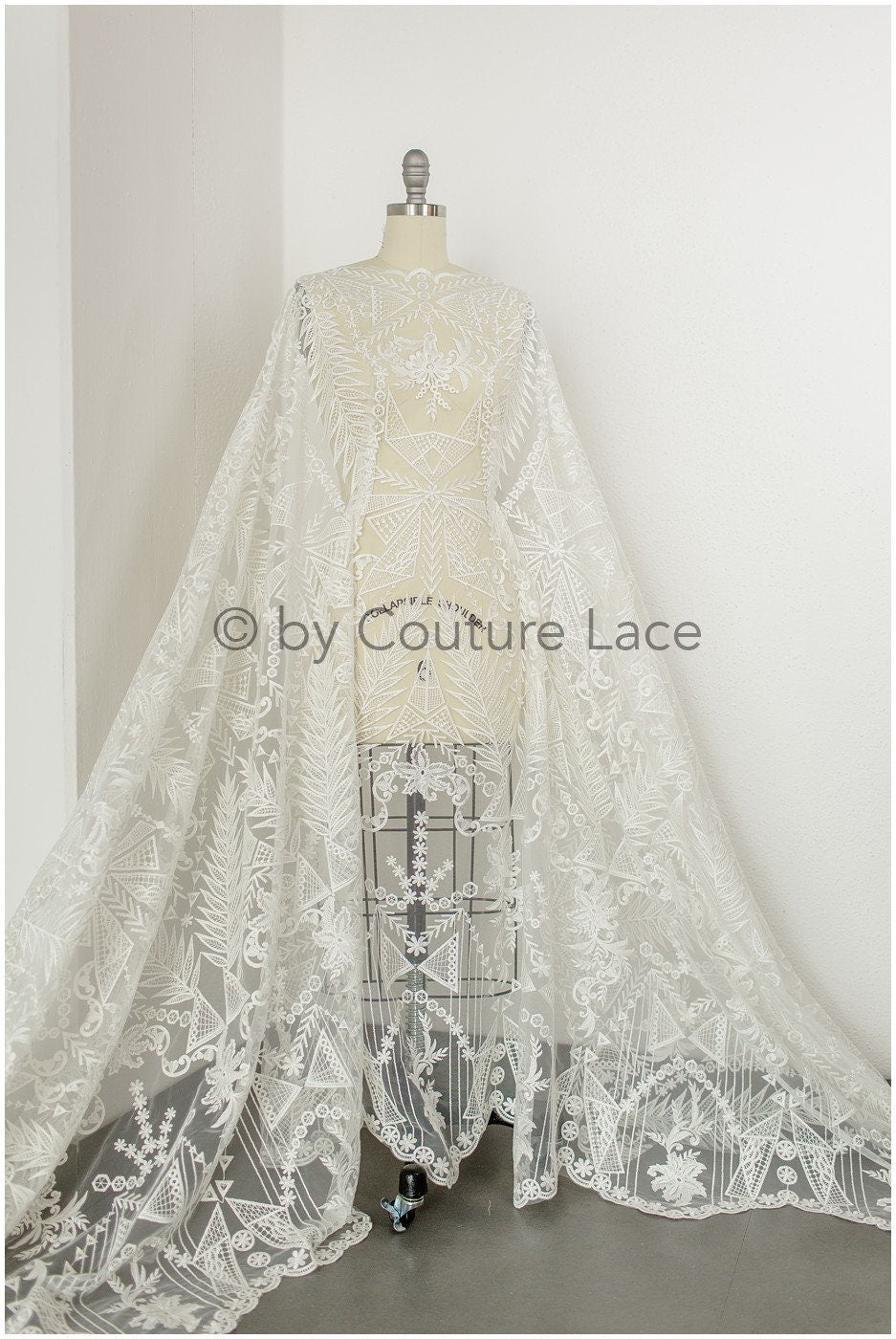 Boho bridal lace fabric off-white/ embroidered bridal lace fabric/ modern embroidered wedding dress lace// L19-242