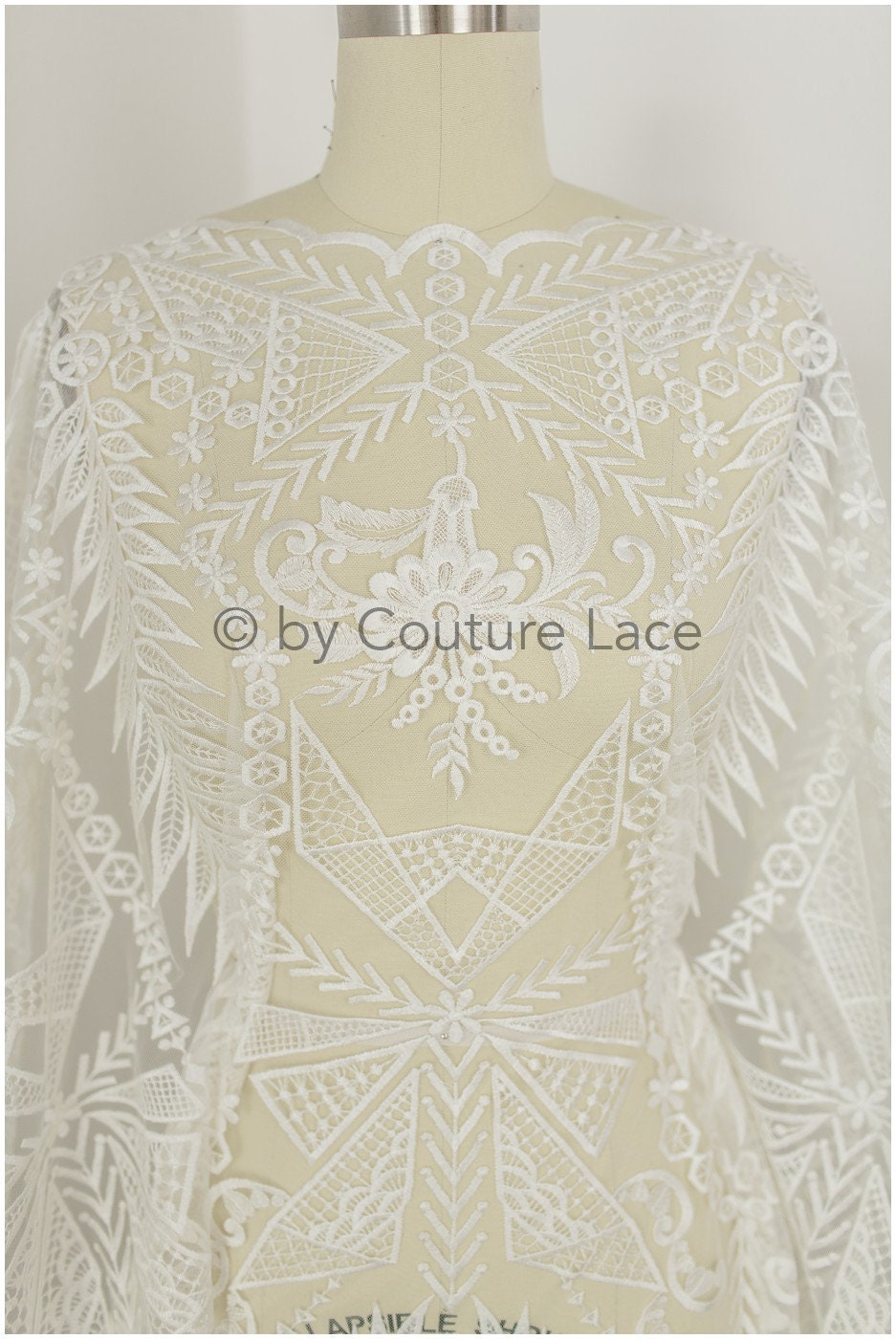 Boho bridal lace fabric off-white/ embroidered bridal lace fabric/ modern embroidered wedding dress lace// L19-242