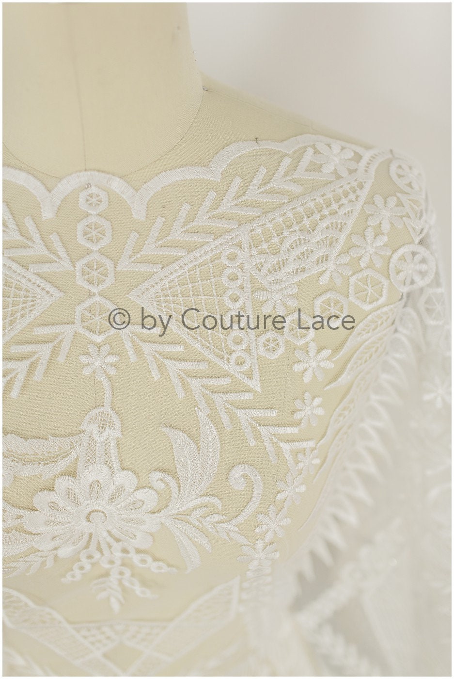 Boho bridal lace fabric off-white/ embroidered bridal lace fabric/ modern embroidered wedding dress lace// L19-242