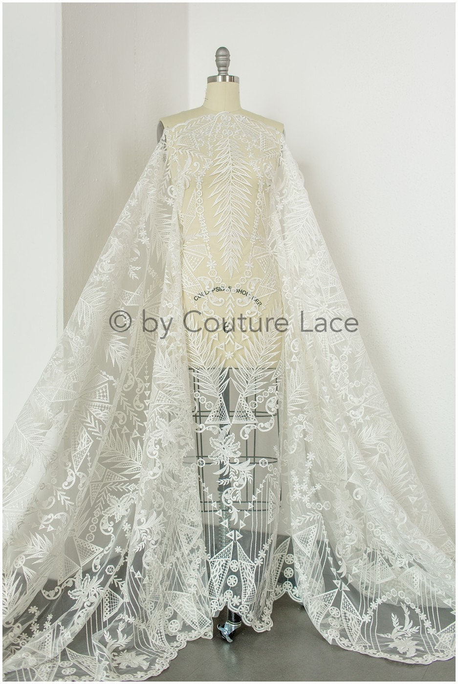 Boho bridal lace fabric off-white/ embroidered bridal lace fabric/ modern embroidered wedding dress lace// L19-242