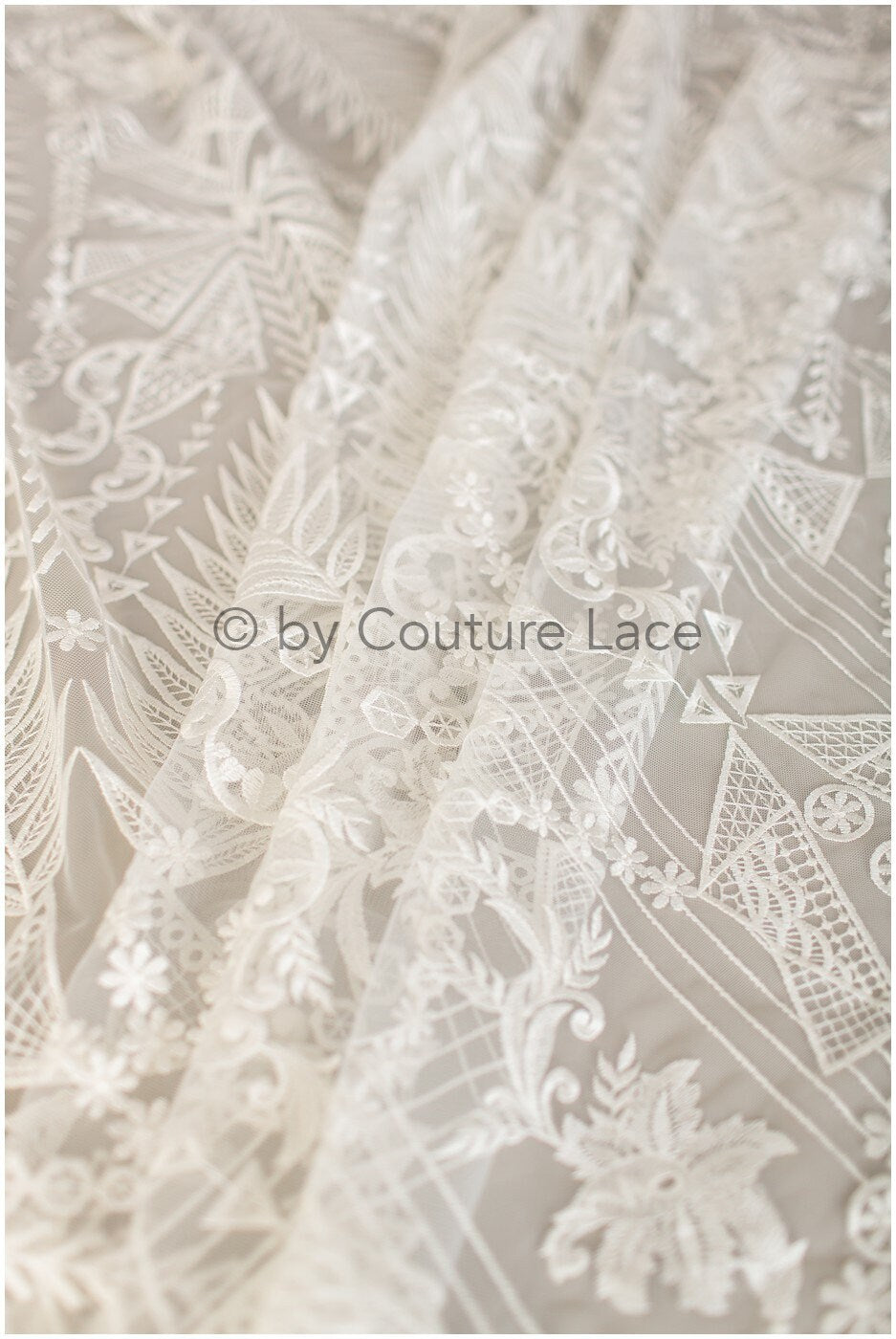 Boho bridal lace fabric off-white/ embroidered bridal lace fabric/ modern embroidered wedding dress lace// L19-242