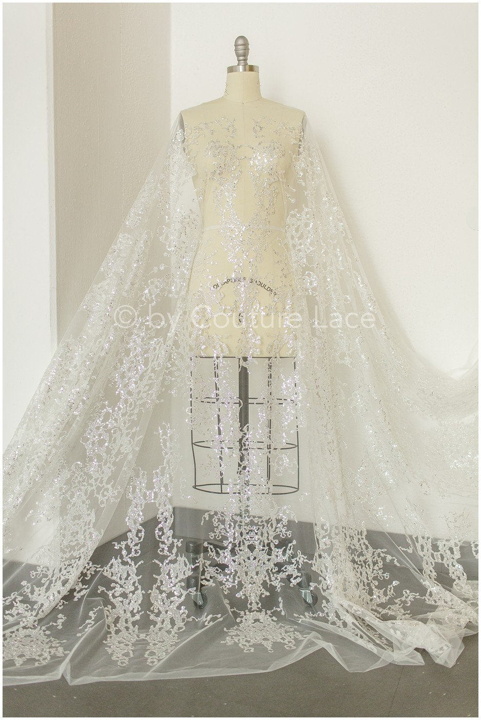 Glitter tulle fabric/ off-white silver glitter net/ wedding dress fabric with glitter/ shiny bridal lace fabric// R-019