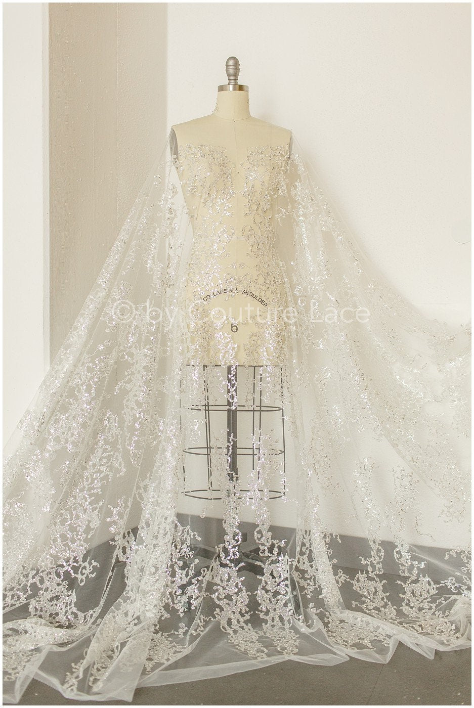 Glitter tulle fabric/ off-white silver glitter net/ wedding dress fabric with glitter/ shiny bridal lace fabric// R-019