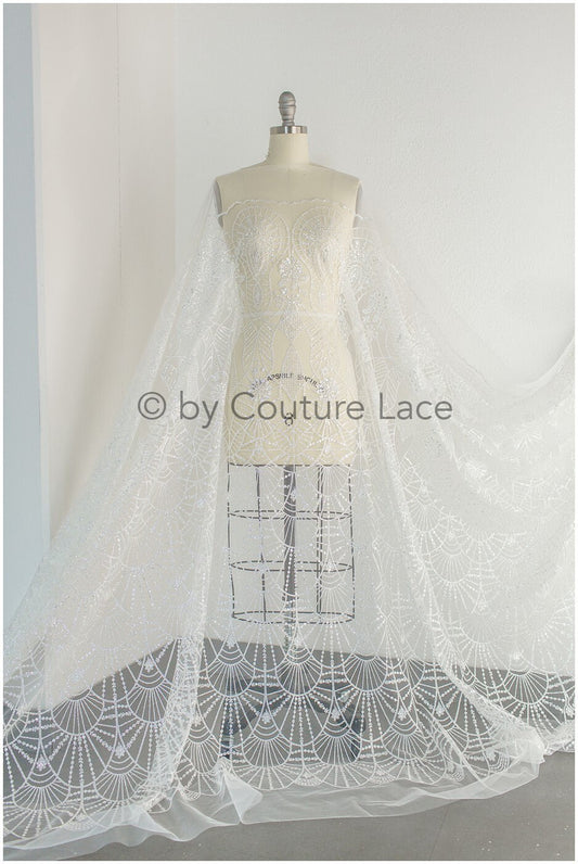 Glänzender Off-White Diamond Glitzer Tüll Stoff/ Netzstoff/ Brautkleid Stoff mit Glitzer/ glänzender Braut Spitzenstoff// R-020