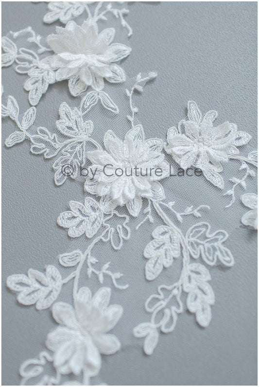 A19-180 Paire - Applique de dentelle 3D, patchs de dentelle 3D en coton, panneaux de fleurs de dentelle, applique de robe de mariée, fleur de dentelle de robe de mariée 3D