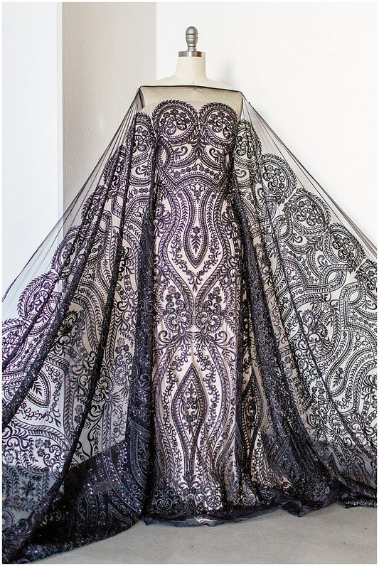 Schwarzer Perlen Spitzenstoff/ schwarze Couture Spitze/ Abendkleid Spitzenstoff/ schwarzes Abendkleid Perlenspitze/ L19-250