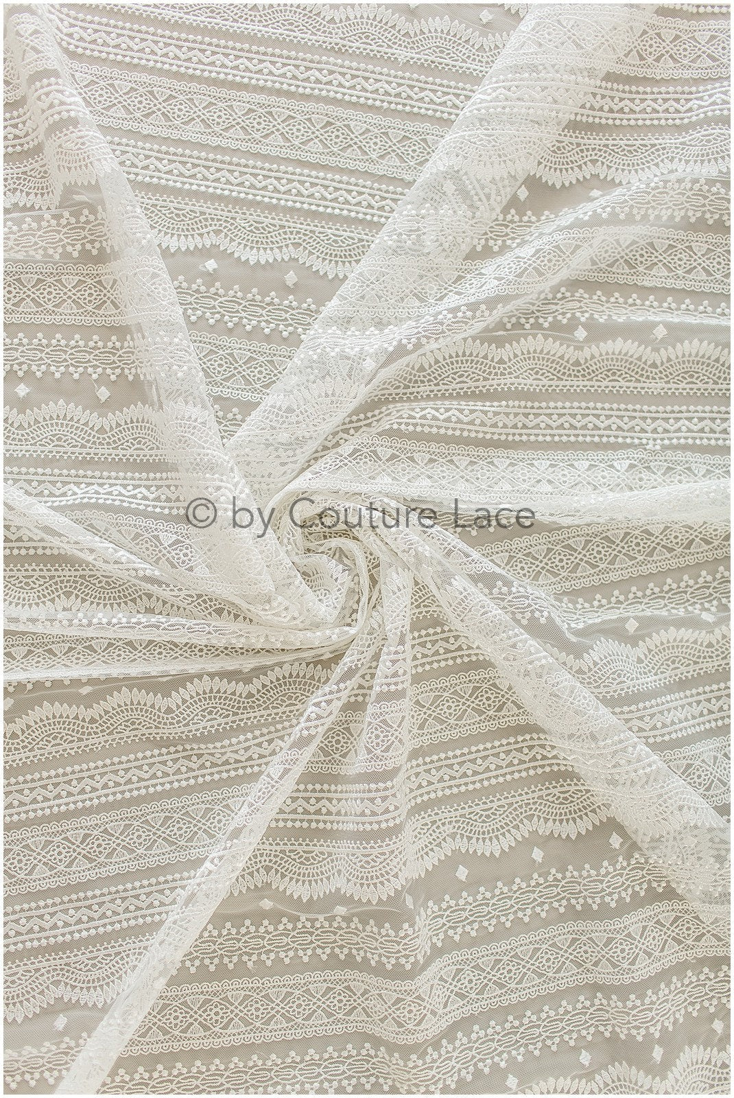 French lace off-white/ bridal lace fabric/ modern stripe patterned lace/ boho wedding dress lace// L19-255RY