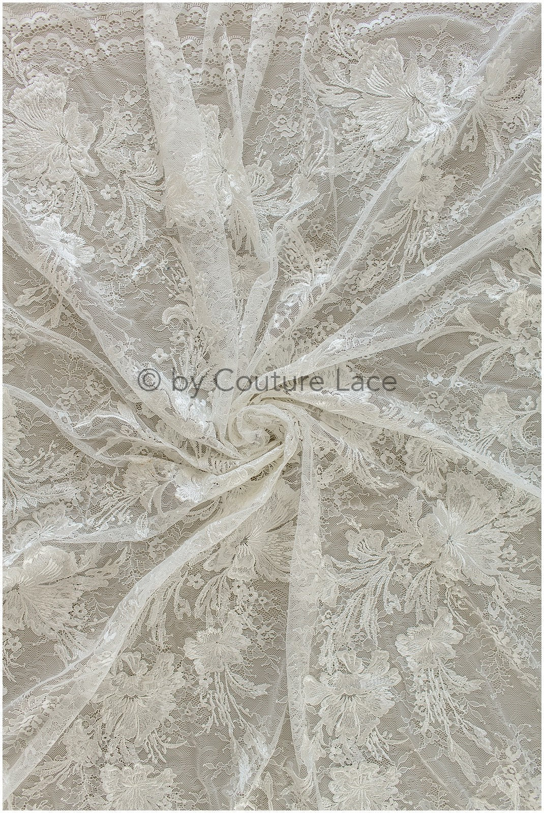 French wedding dress lace off-white/ Floral patterned lace/ Bridal lace/ Embroidered Chantilly lace// L19-256