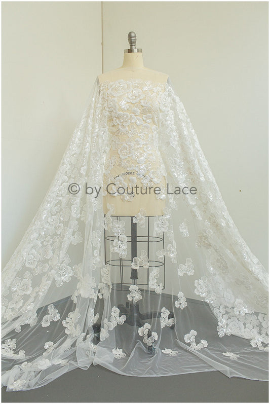 Heavy pearl lace fabric off-white/ bridal lace/ wedding dress lace with pearls/ pearl flower lace fabric// L19-282