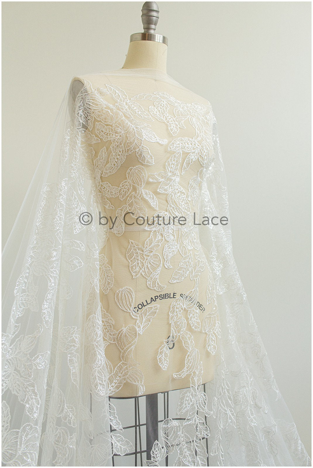 Leaf lace fabric, sequin leaf pattern lace, bridal french lace fabric, shiny leaf design lace, embroidered lace fabric with sequins// L19-280