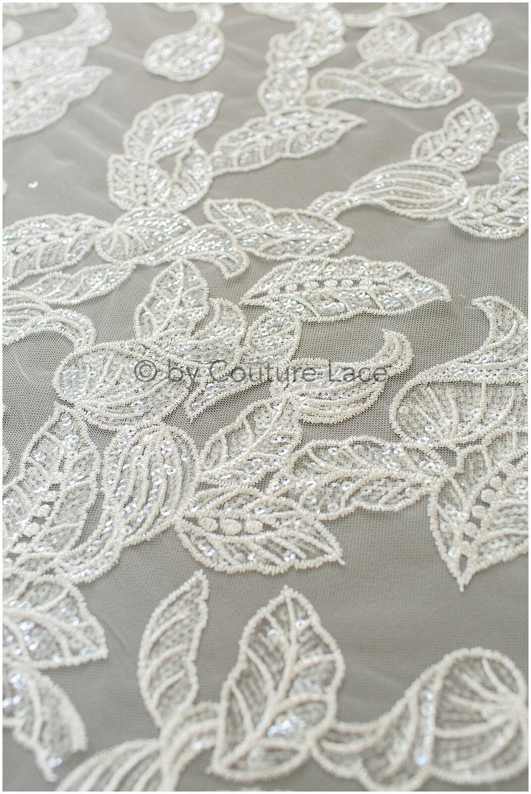 Leaf lace fabric, sequin leaf pattern lace, bridal french lace fabric, shiny leaf design lace, embroidered lace fabric with sequins// L19-280