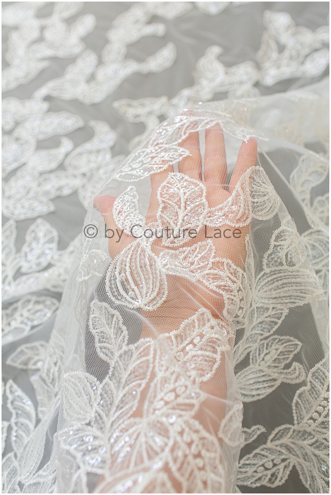 Leaf lace fabric, sequin leaf pattern lace, bridal french lace fabric, shiny leaf design lace, embroidered lace fabric with sequins// L19-280