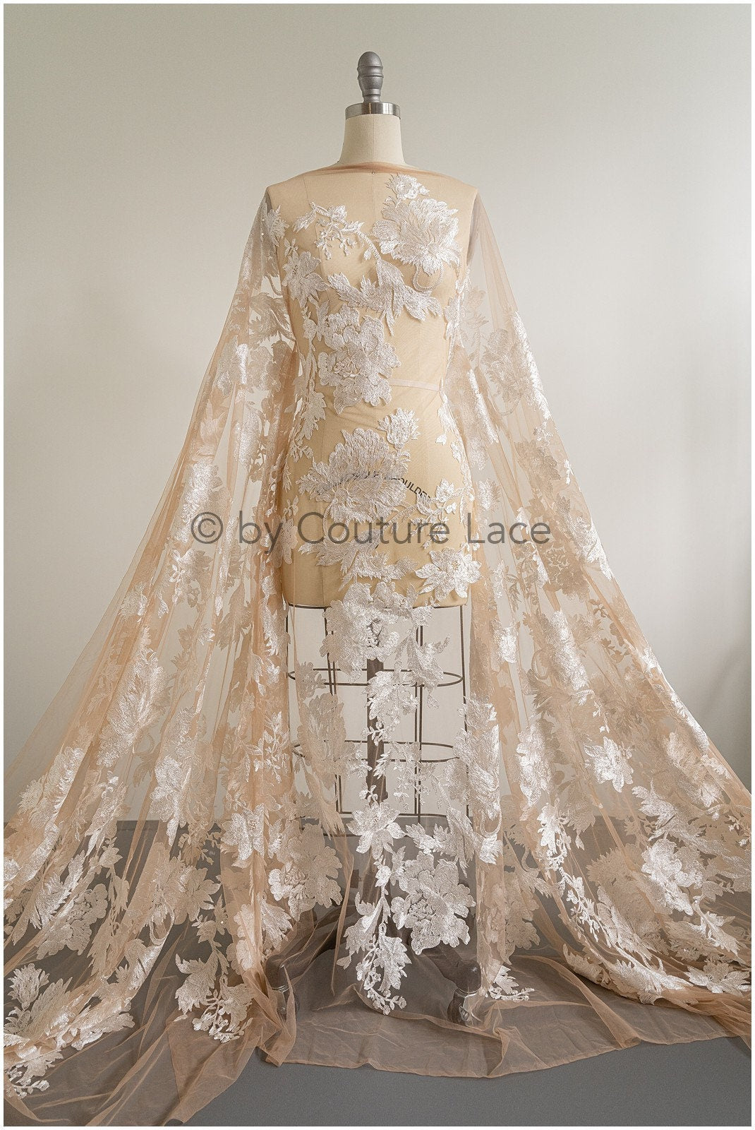 Floral lace fabric on nude mesh tulle, sequin leaf pattern lace, bridal lace fabric on nude mesh, floral lace on nude tulle// L19-296