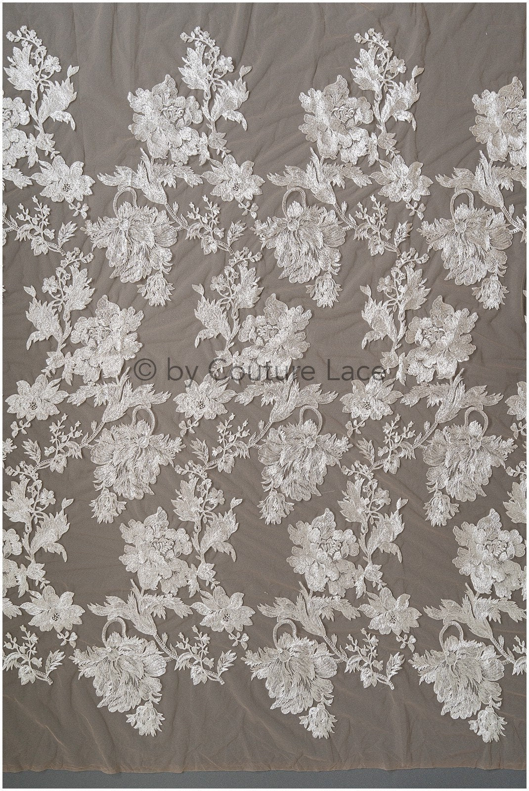 Floral lace fabric on nude mesh tulle, sequin leaf pattern lace, bridal lace fabric on nude mesh, floral lace on nude tulle// L19-296
