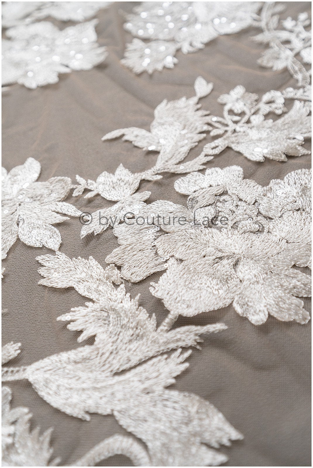 Floral lace fabric on nude mesh tulle, sequin leaf pattern lace, bridal lace fabric on nude mesh, floral lace on nude tulle// L19-296