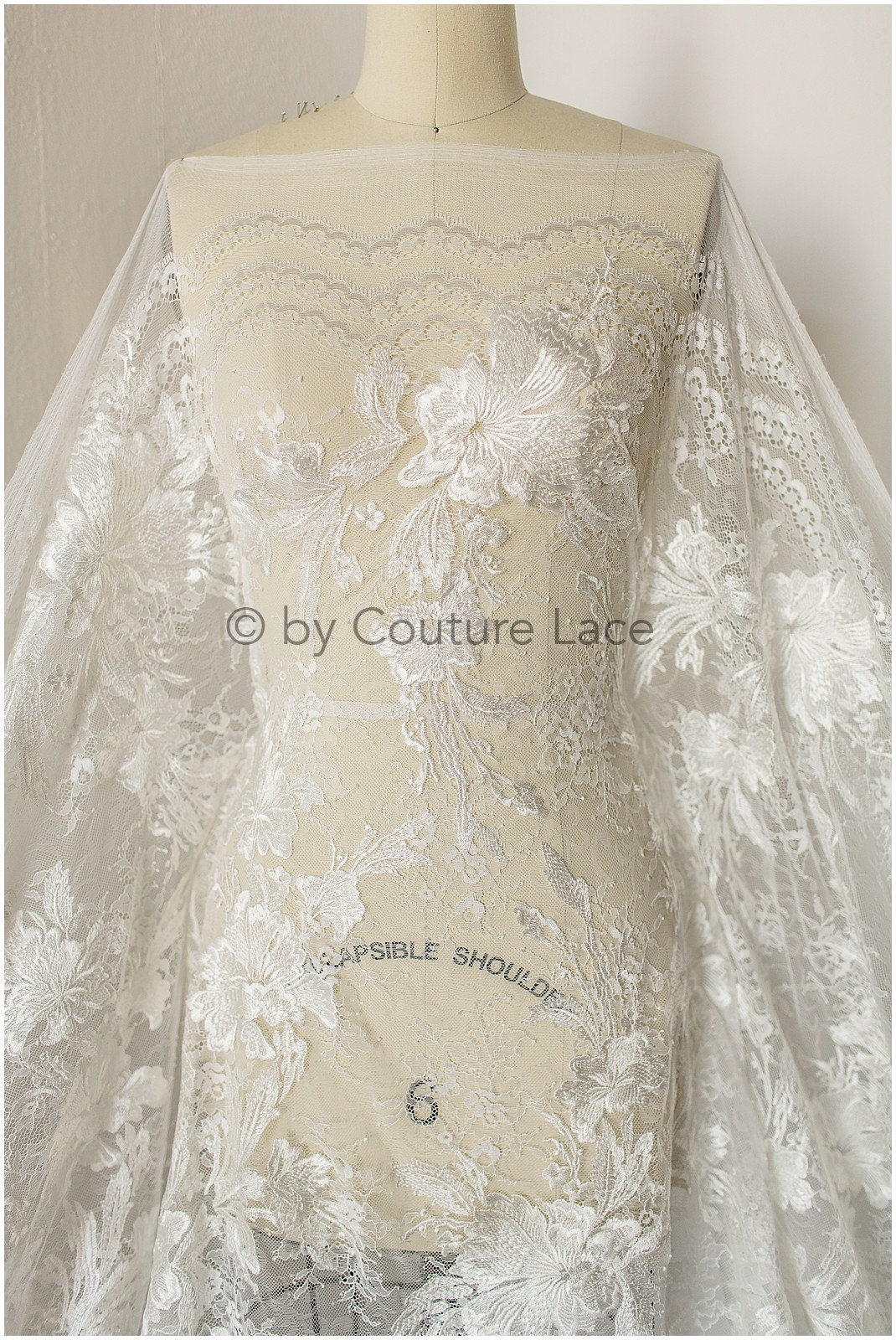 French wedding dress lace off-white/ Floral patterned lace/ Bridal lace/ Embroidered Chantilly lace// L19-256