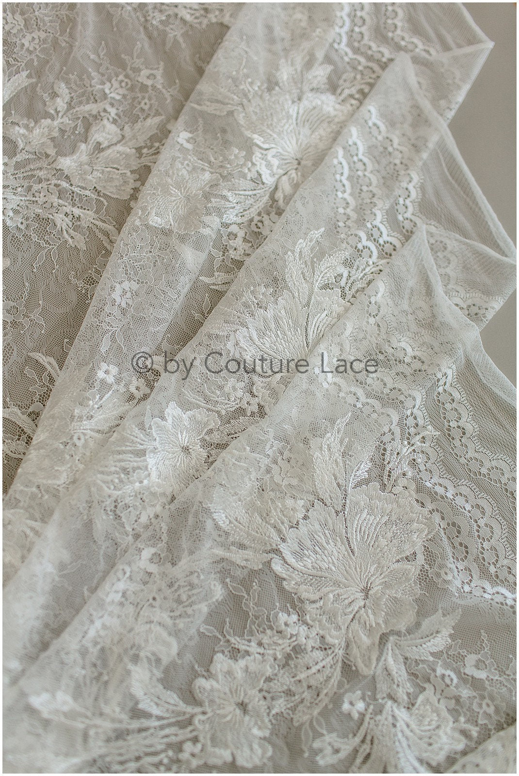 French wedding dress lace off-white/ Floral patterned lace/ Bridal lace/ Embroidered Chantilly lace// L19-256