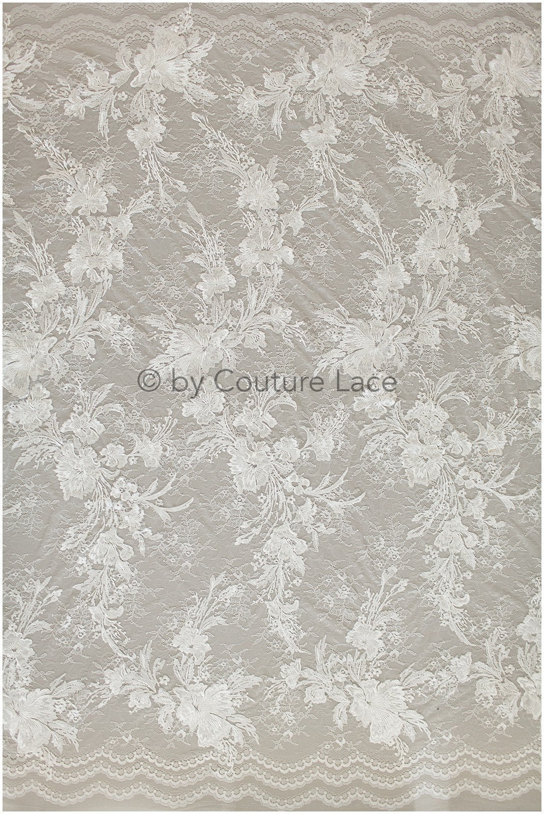 French wedding dress lace off-white/ Floral patterned lace/ Bridal lace/ Embroidered Chantilly lace// L19-256