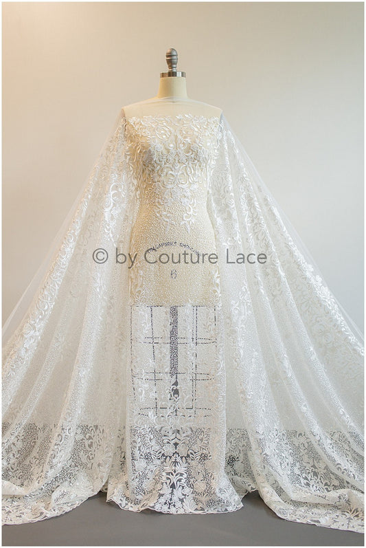 schwerer bestickter Spitzenstoff mit Perlen und Pailletten/ Couture Lace - Alencon Lace Stoff// L17-012