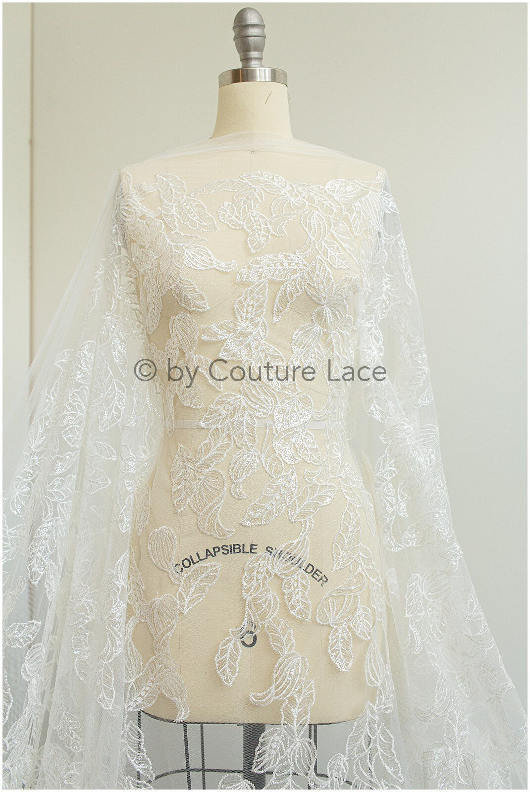 Leaf lace fabric, sequin leaf pattern lace, bridal french lace fabric, shiny leaf design lace, embroidered lace fabric with sequins// L19-280
