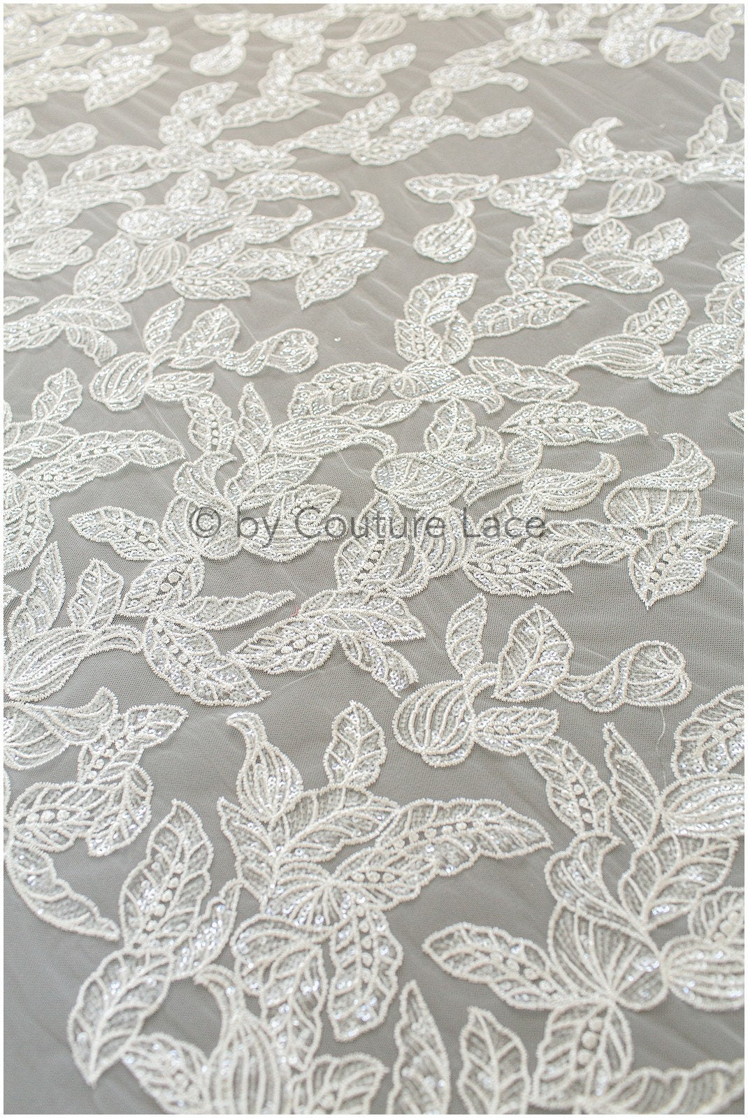 Leaf lace fabric, sequin leaf pattern lace, bridal french lace fabric, shiny leaf design lace, embroidered lace fabric with sequins// L19-280