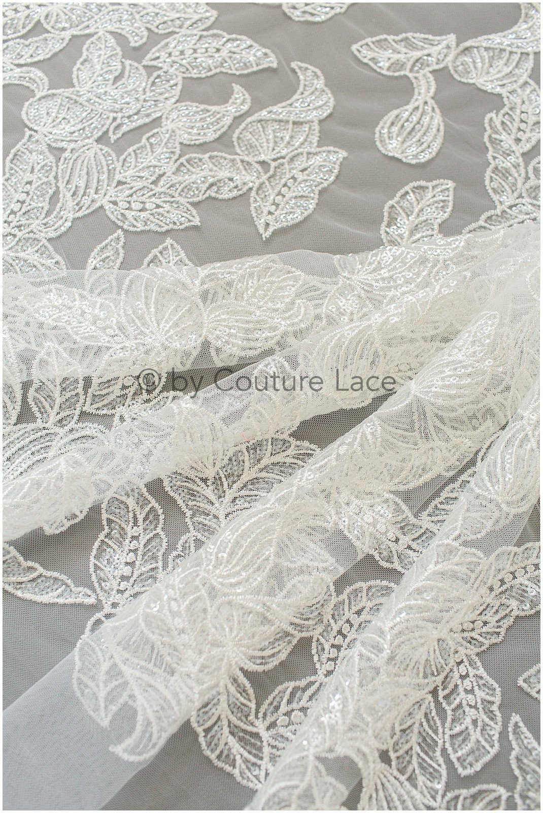 Leaf lace fabric, sequin leaf pattern lace, bridal french lace fabric, shiny leaf design lace, embroidered lace fabric with sequins// L19-280
