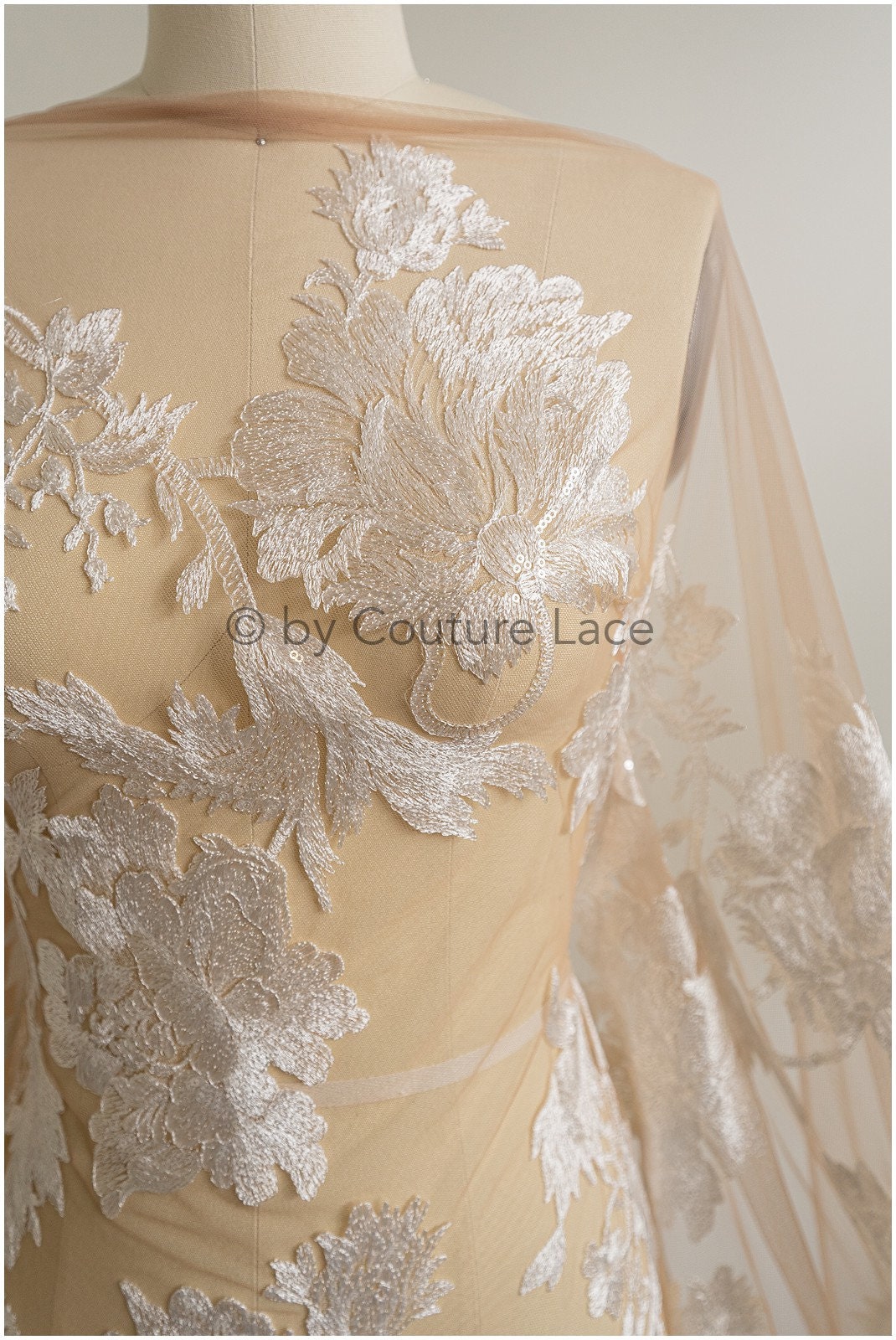 Floral lace fabric on nude mesh tulle, sequin leaf pattern lace, bridal lace fabric on nude mesh, floral lace on nude tulle// L19-296