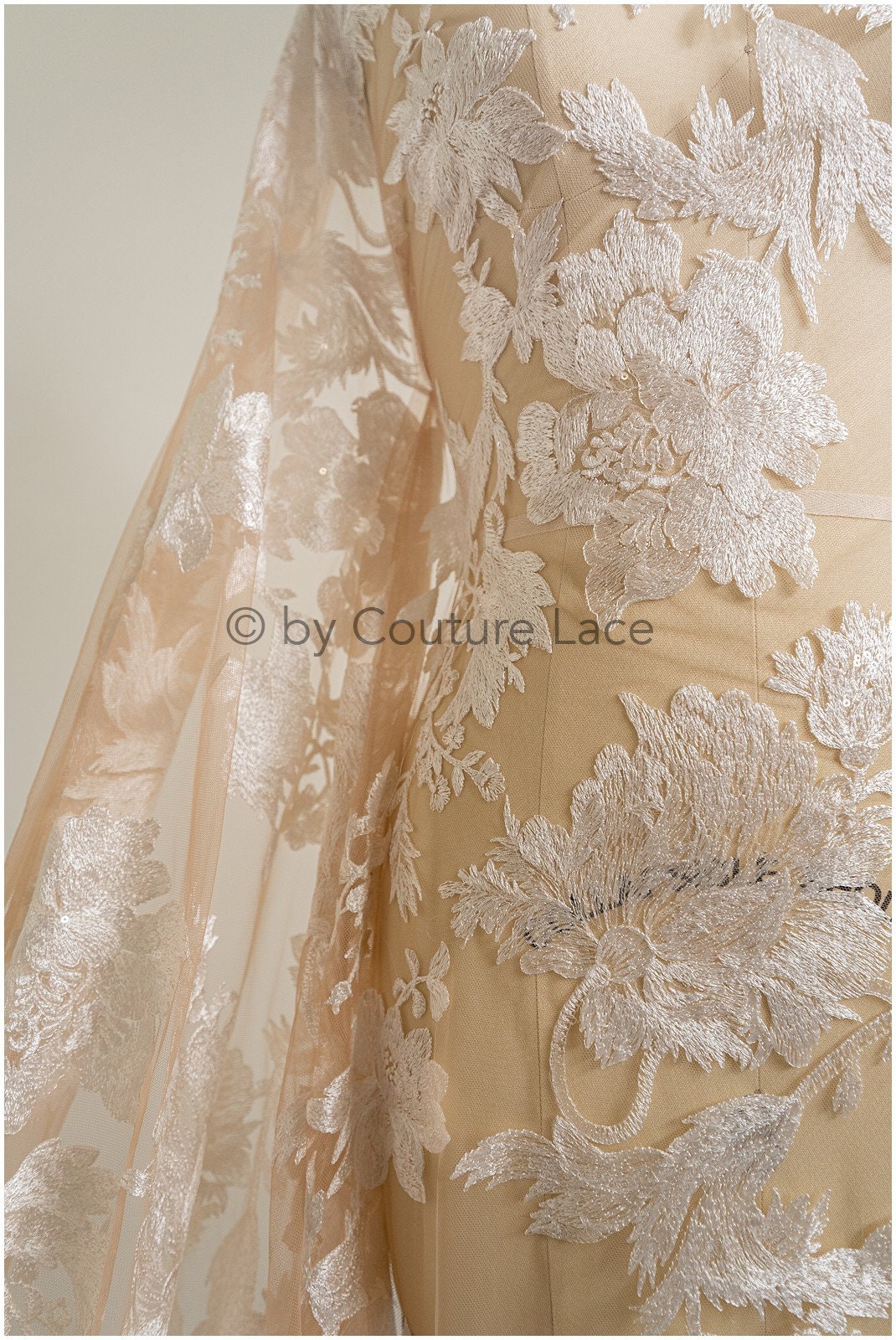 Floral lace fabric on nude mesh tulle, sequin leaf pattern lace, bridal lace fabric on nude mesh, floral lace on nude tulle// L19-296
