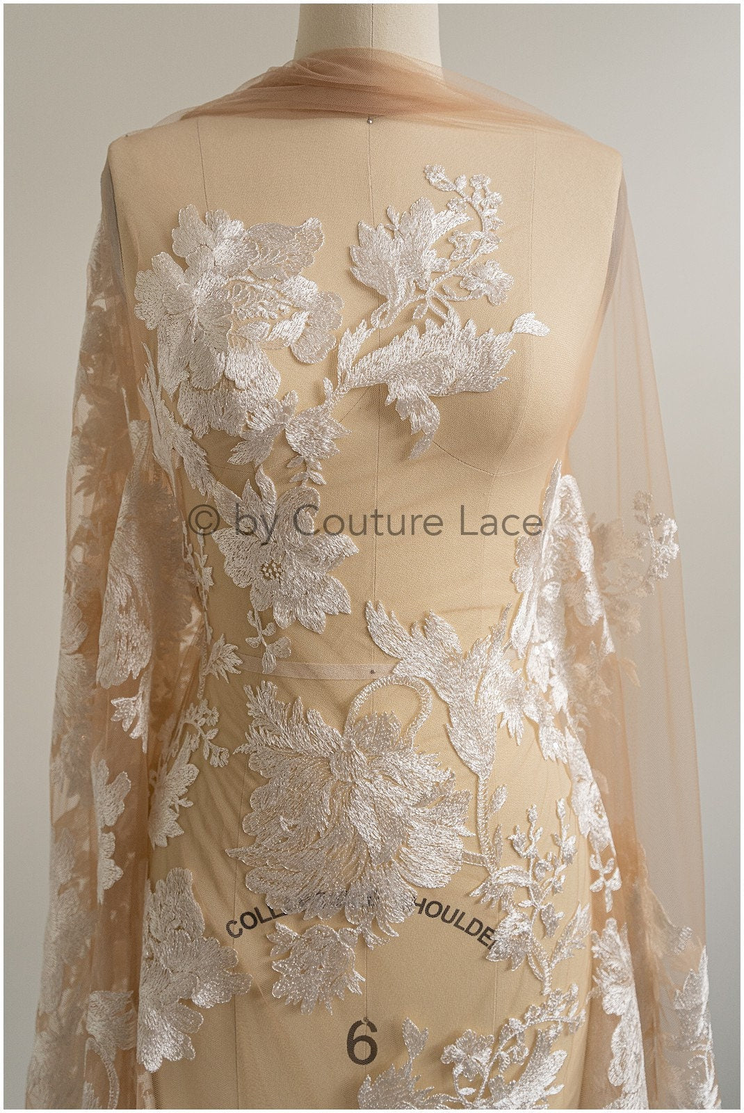 Floral lace fabric on nude mesh tulle, sequin leaf pattern lace, bridal lace fabric on nude mesh, floral lace on nude tulle// L19-296