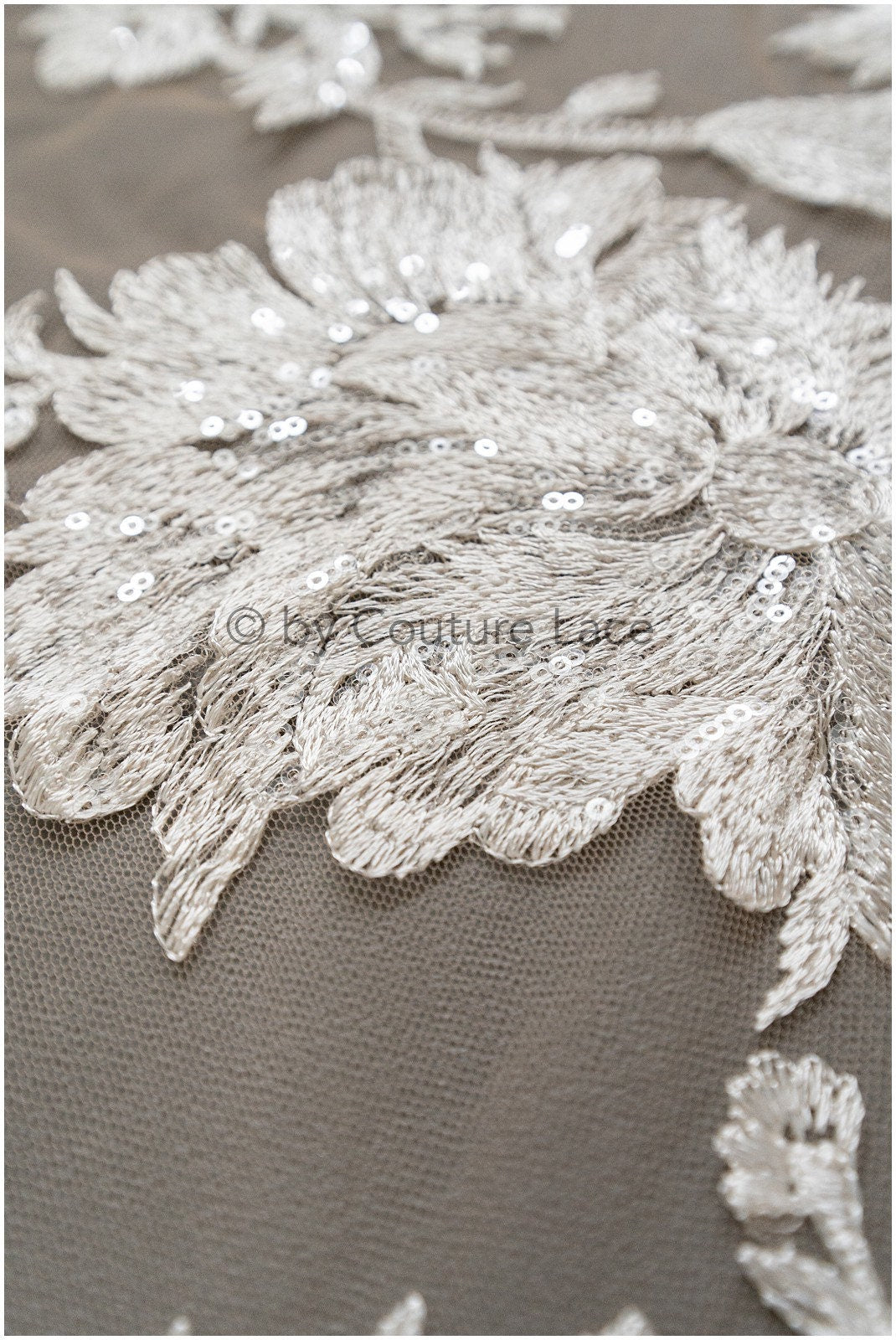 Floral lace fabric on nude mesh tulle, sequin leaf pattern lace, bridal lace fabric on nude mesh, floral lace on nude tulle// L19-296