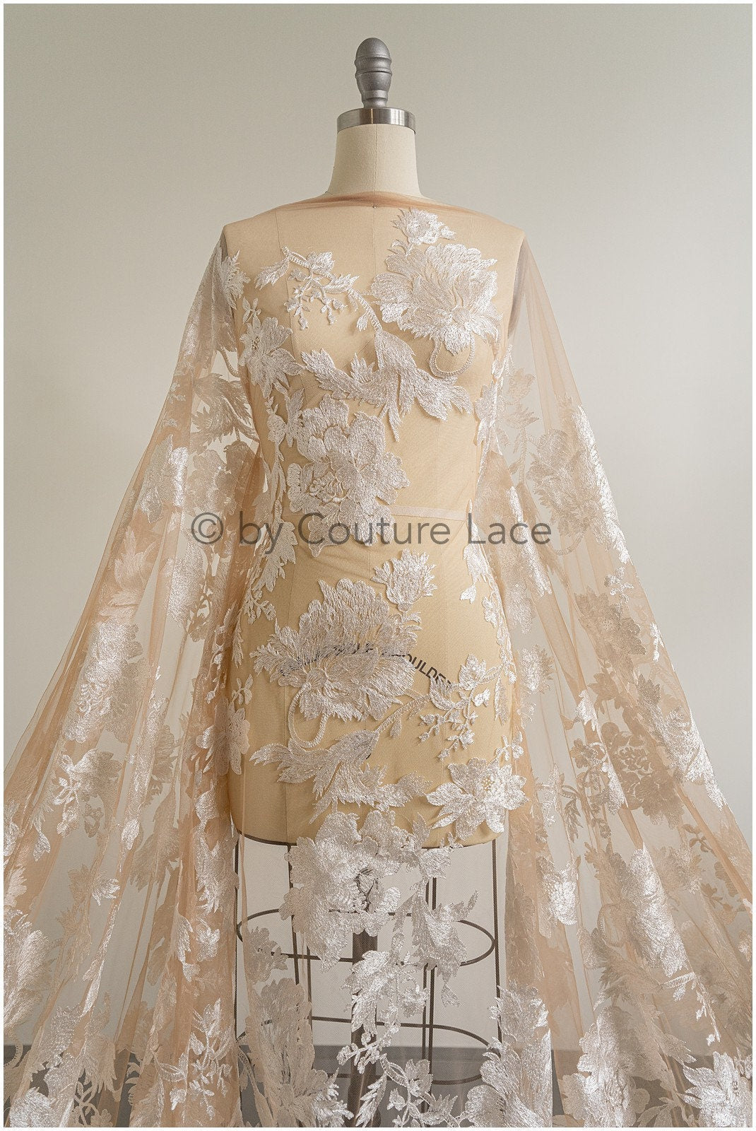 Floral lace fabric on nude mesh tulle, sequin leaf pattern lace, bridal lace fabric on nude mesh, floral lace on nude tulle// L19-296