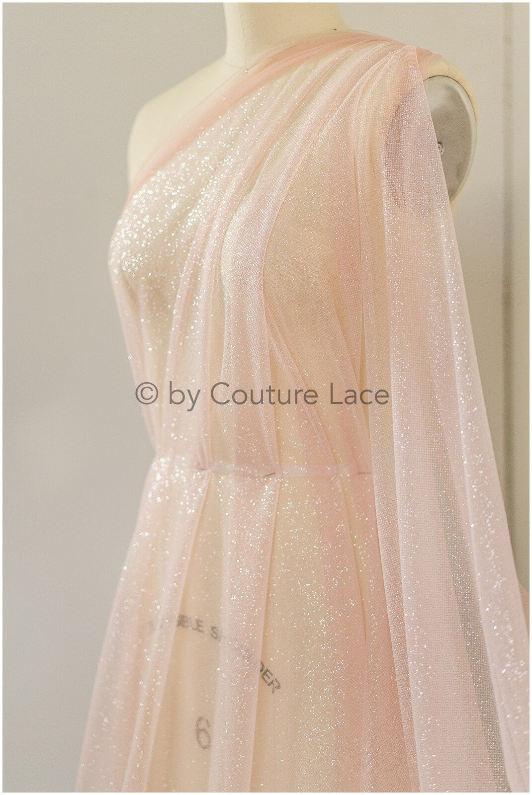 Blush peach glitter tulle fabric/ glitter tulle fabric/ peach fabric with glitter/ shiny bridal lace fabric// R-025